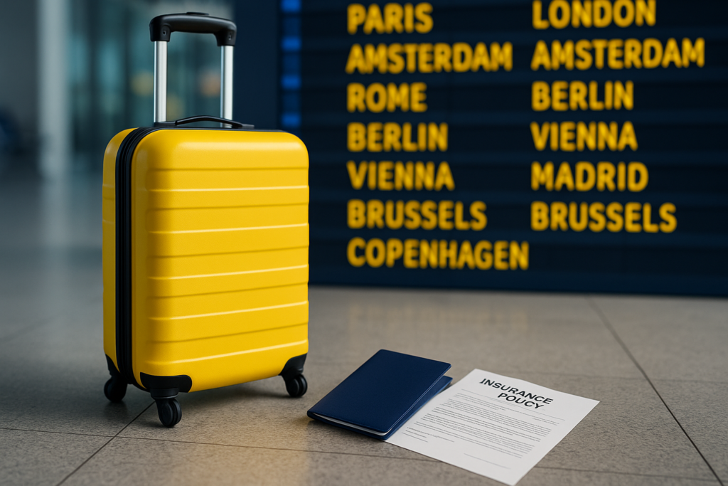 Walizka i polisa podróżna na tle tablicy odlotów