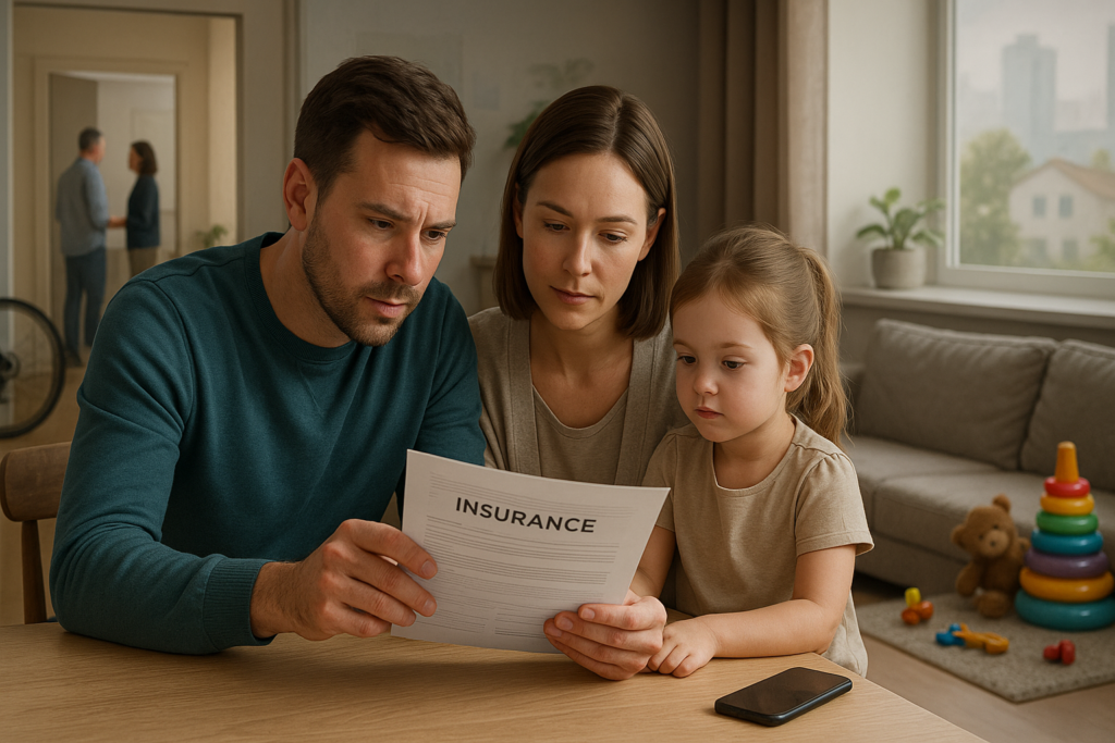 Rodzina analizuje polisę OC w życiu prywatnym przy stole w domu